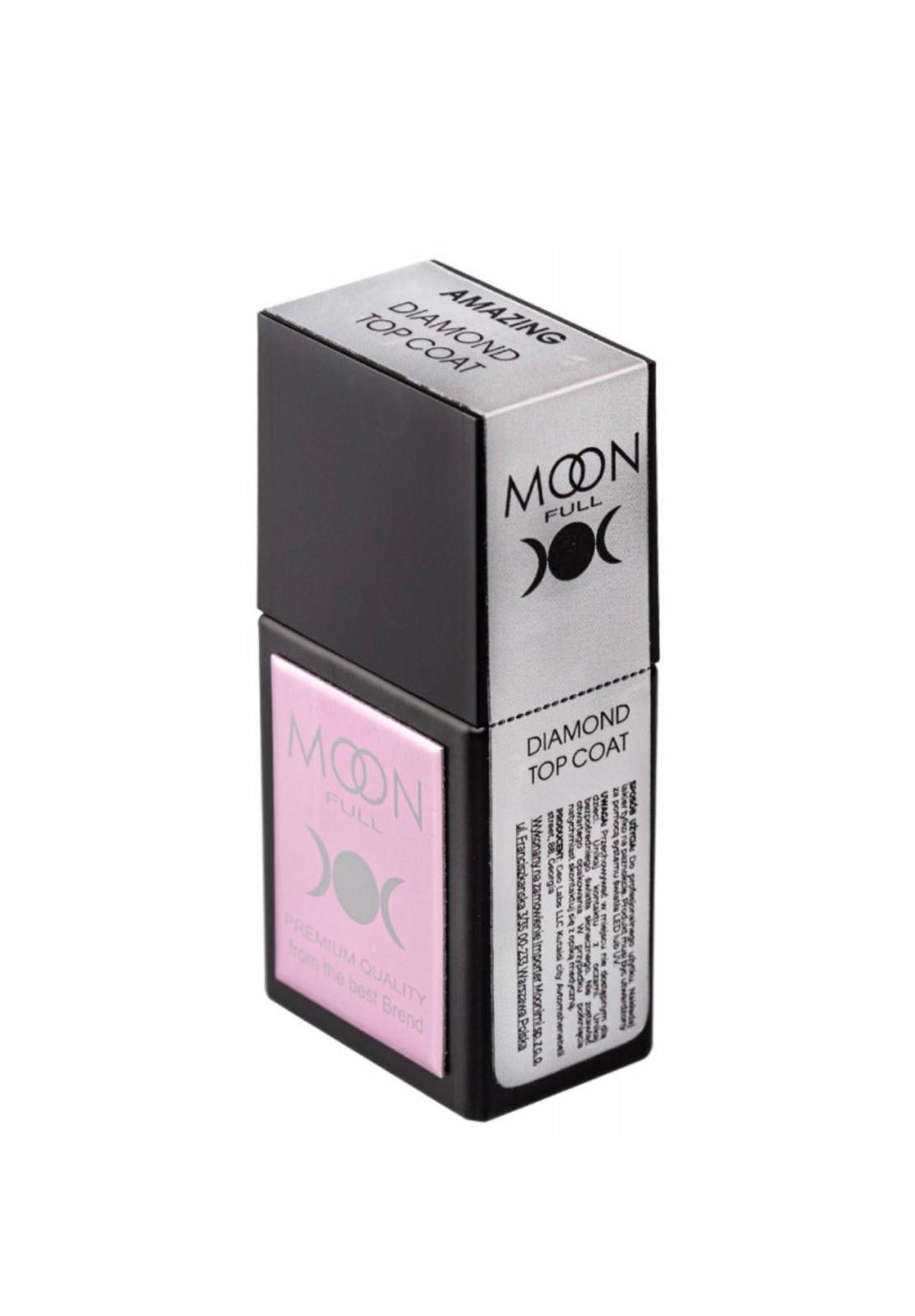Moon Full Amazing Diamond Top Coat 12 ml, top coat professionnel sans couche collante avec effet diamant ultra-brillant.