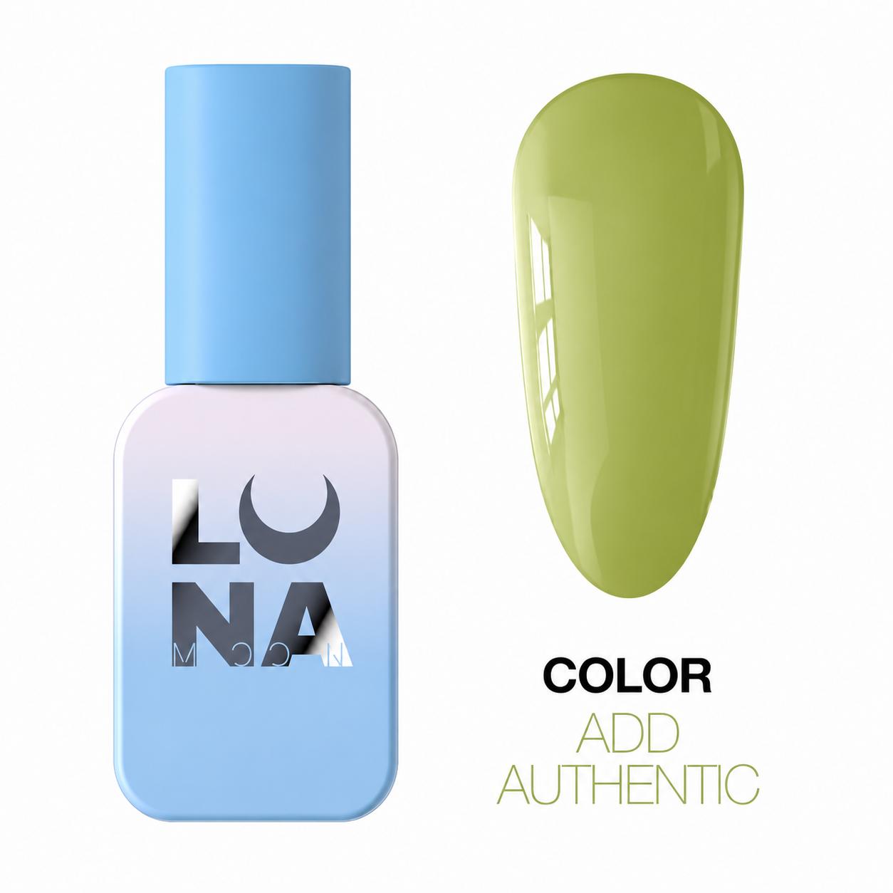 LUNAmoon ADD Authentic Color vernis semi-permanent olive avec haute pigmentation, longue tenue et formule TPO FREE.