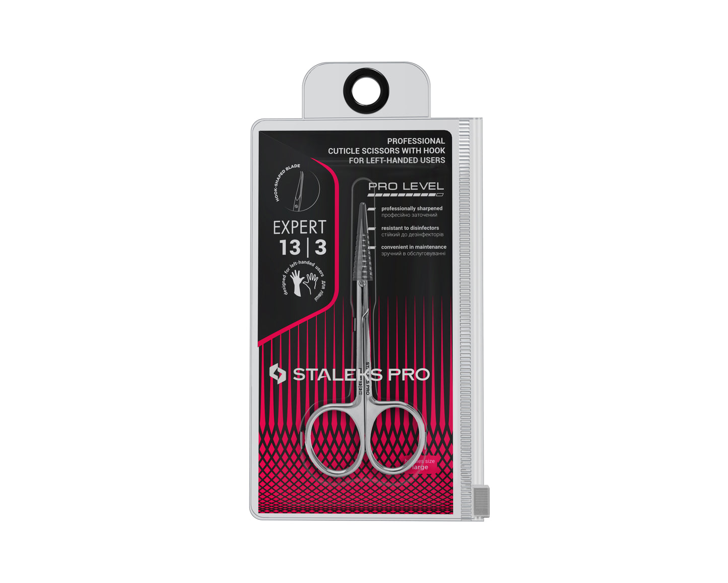 Ciseaux à cuticules pour gauchers STALEKS PRO EXPERT 13 TYPE 3 SE-13/3 avec lames fines en crochet et affûtage manuel professionnel.