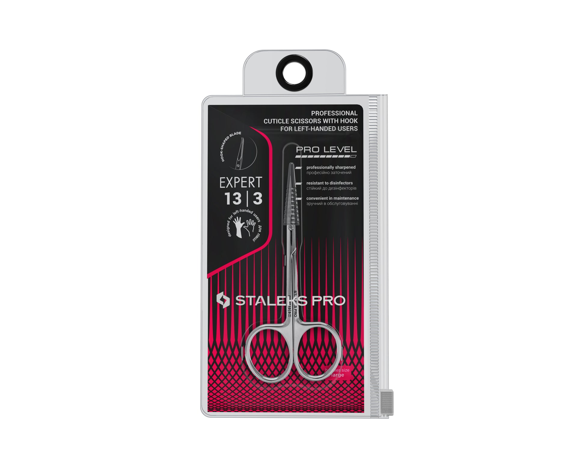 Ciseaux à cuticules pour gauchers STALEKS PRO EXPERT 13 TYPE 3 SE-13/3 avec lames fines en crochet et affûtage manuel professionnel.