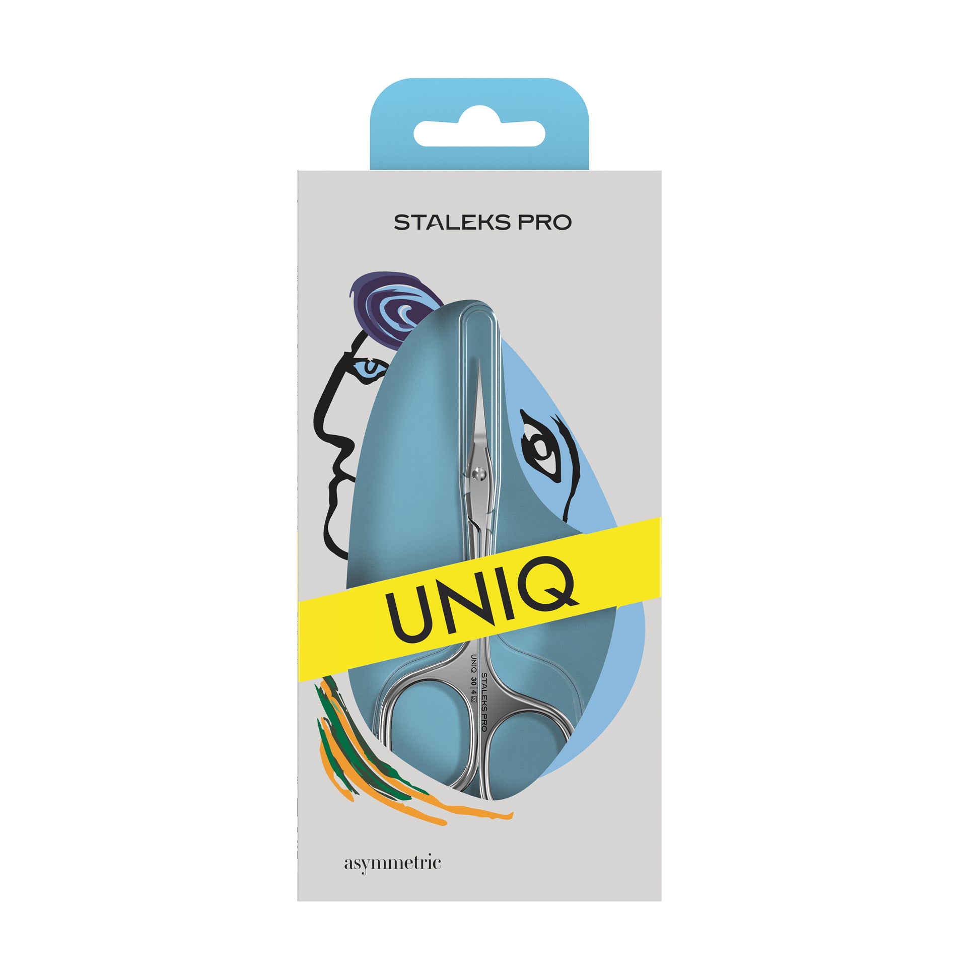 Ciseaux à cuticules STALEKS PRO Asymmetric UNIQ 30 TYPE 4 avec anneaux asymétriques et lames fines pour une manucure professionnelle précise.