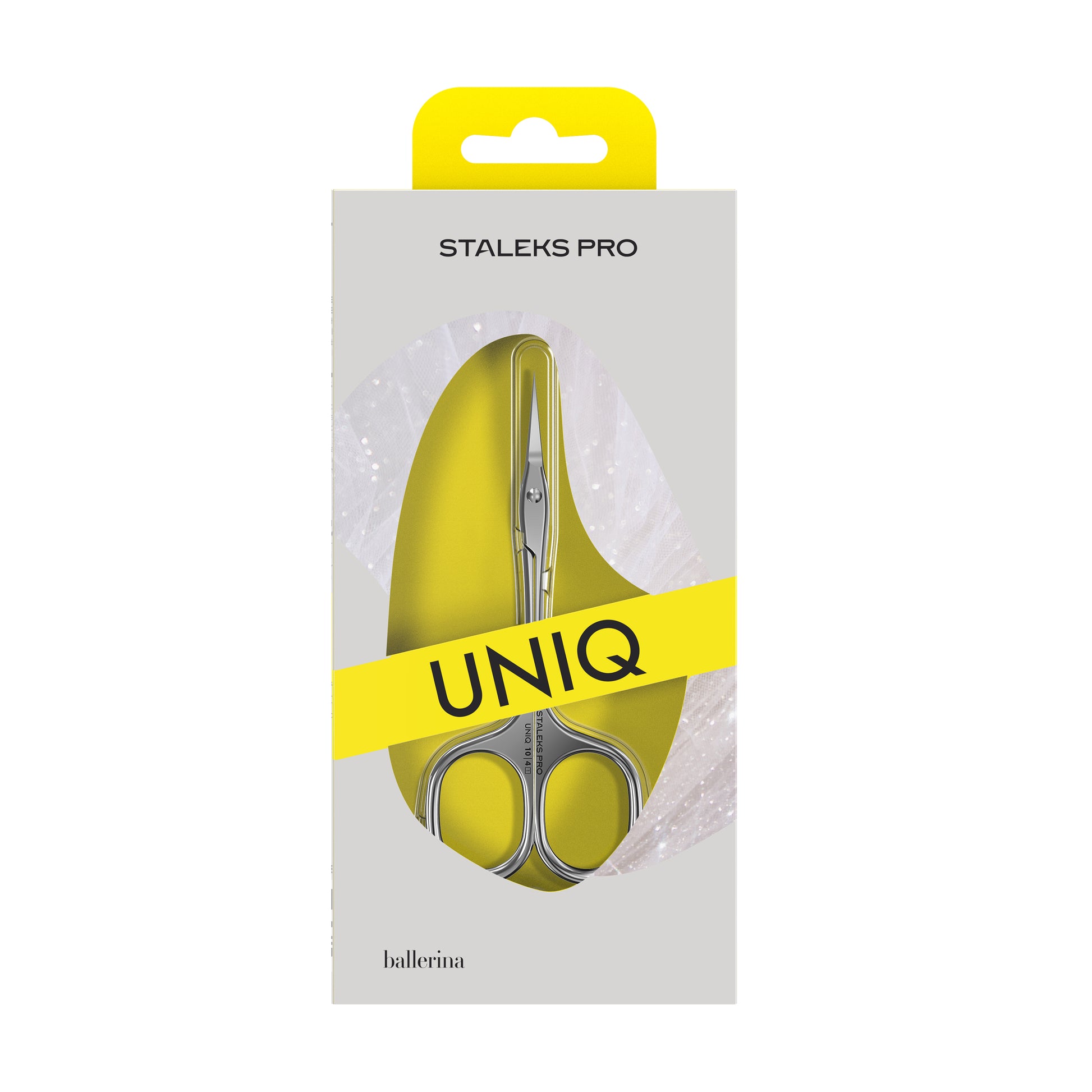 Ciseaux à cuticules STALEKS PRO Ballerina UNIQ 10 TYPE 4 avec lames fines courbées pour une coupe précise des cuticules et une manucure professionnelle.