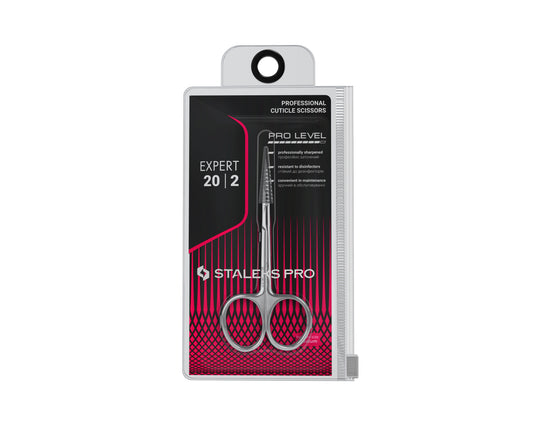 Ciseaux à cuticules STALEKS PRO EXPERT 20 TYPE 2 SE-20/2 avec lames fines courbées, affûtage manuel et finition professionnelle en acier inoxydable.