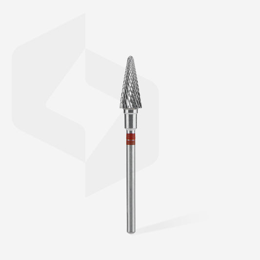 Fraise carbure STALEKS PRO EXPERT FT73R060/14 forme cône 6 x 14 mm rouge pour gaucher, adaptée à la dépose douce du gel, à la correction des ongles artificiels et au traitement professionnel des callosités.