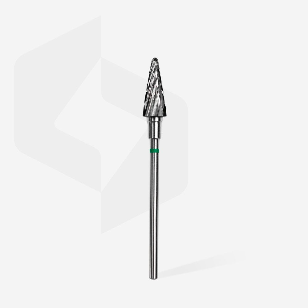 Fraise carbure STALEKS PRO EXPERT FT71G060/14 forme cône 6 mm verte pour la dépose des revêtements, la correction des ongles naturels et les travaux de précision en manucure professionnelle.