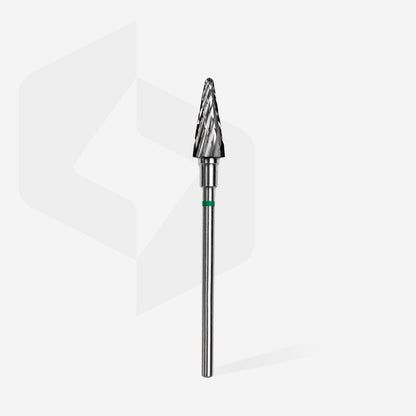 Fraise carbure STALEKS PRO EXPERT FT71G060/14 forme cône 6 mm verte pour la dépose des revêtements, la correction des ongles naturels et les travaux de précision en manucure professionnelle.