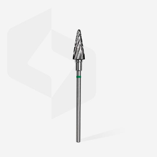 Fraise carbure STALEKS PRO EXPERT FT71G060/14 forme cône 6 mm verte pour la dépose des revêtements, la correction des ongles naturels et les travaux de précision en manucure professionnelle.