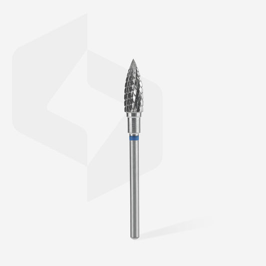 Fraise carbure STALEKS PRO EXPERT FT10B050/13.5 forme flamme 5 x 13,5 mm bleue pour dépose de gel, traitement des callosités et pédicure professionnelle.