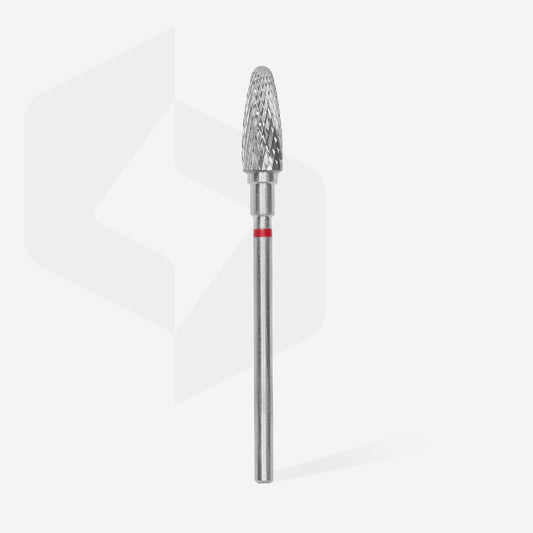 Fraise carbure STALEKS PRO EXPERT FT90R050/13 forme maïs 5 mm rouge pour la dépose de gel, de vernis semi-permanent et le traitement professionnel des callosités.