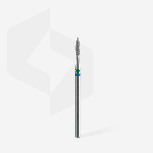 Fraise diamant STALEKS PRO EXPERT DUO FA11BG021/8 forme flamme pointue 2,1 mm avec double revêtement diamanté pour le traitement des callosités, décollements et surfaces artificielles.