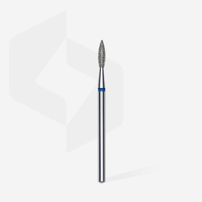 Fraise diamant STALEKS PRO EXPERT FA11B021/8 forme flamme pointue bleue 2,1 mm pour le traitement de la cuticule, des replis latéraux et des soins de manucure et pédicure professionnels.