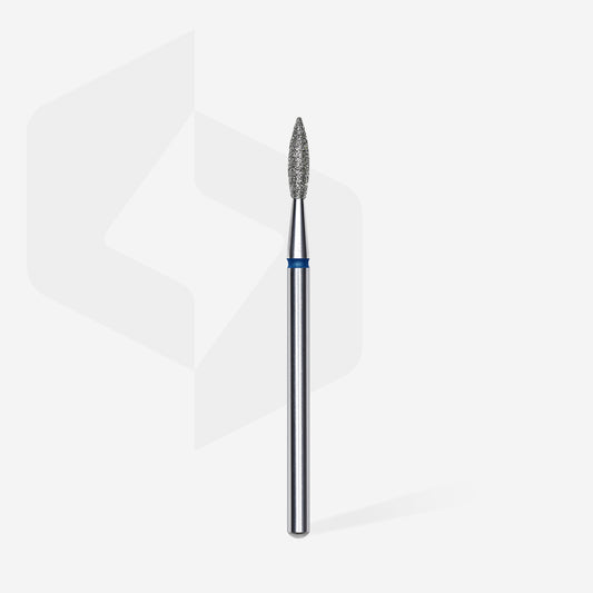Fraise diamant STALEKS PRO EXPERT FA11B021/8 forme flamme pointue bleue 2,1 mm pour le traitement de la cuticule, des replis latéraux et des soins de manucure et pédicure professionnels.