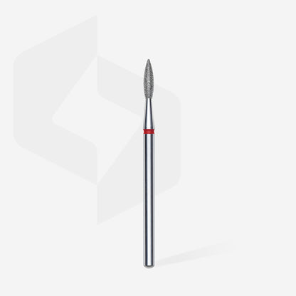 Fraise diamant STALEKS PRO EXPERT FA11R021/8 forme flamme pointue rouge 2,1 mm pour le traitement de la cuticule, des replis latéraux et les soins professionnels de manucure et pédicure.