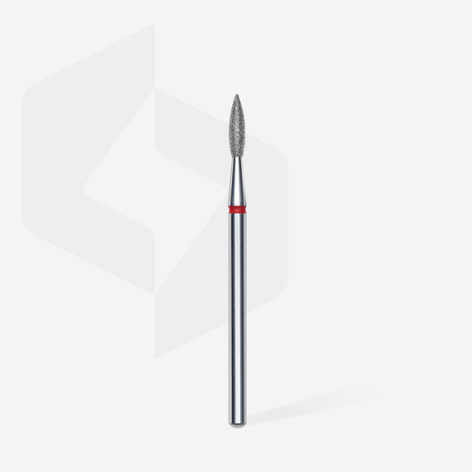 Fraise diamant STALEKS PRO EXPERT FA11R021/8 forme flamme pointue rouge 2,1 mm pour le traitement de la cuticule, des replis latéraux et les soins professionnels de manucure et pédicure.