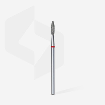 Fraise diamant STALEKS PRO EXPERT FA10R021/8 forme flamme rouge 2,1 mm pour le traitement de la cuticule, des replis latéraux et des soins professionnels de manucure et pédicure.