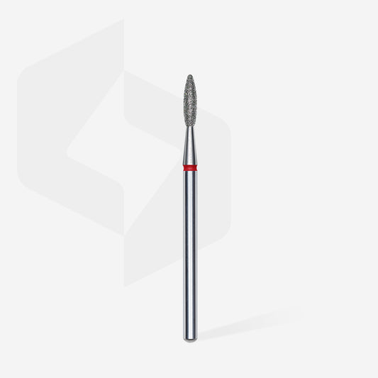 Fraise diamant STALEKS PRO EXPERT FA10R021/8 forme flamme rouge 2,1 mm pour le traitement de la cuticule, des replis latéraux et des soins professionnels de manucure et pédicure.