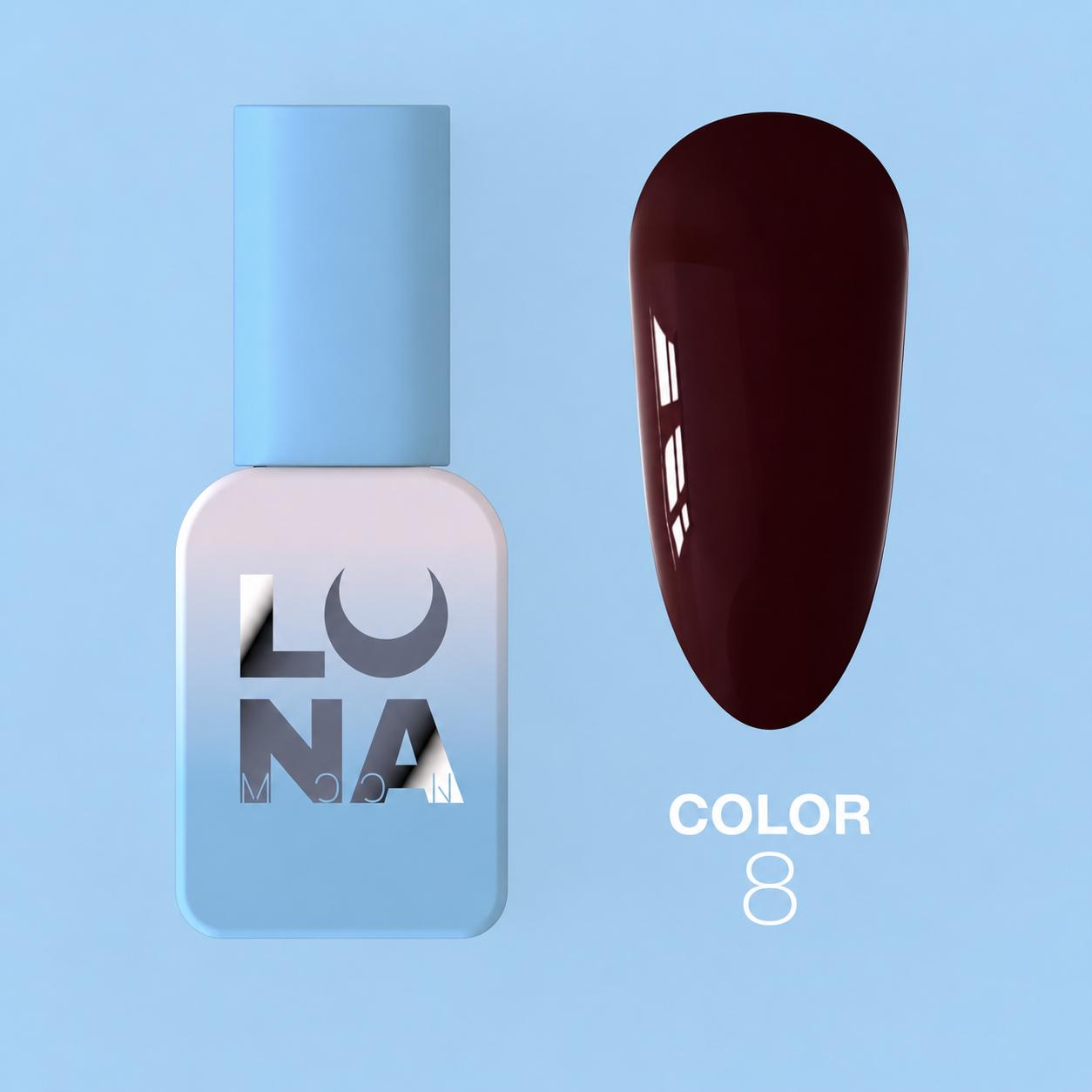 LUNAmoon Color №08 vernis semi-permanent hautement pigmenté avec texture auto-égalisante et finition brillante pour manucure professionnelle.