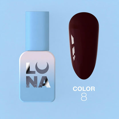 LUNAmoon Color №08 vernis semi-permanent hautement pigmenté avec texture auto-égalisante et finition brillante pour manucure professionnelle.
