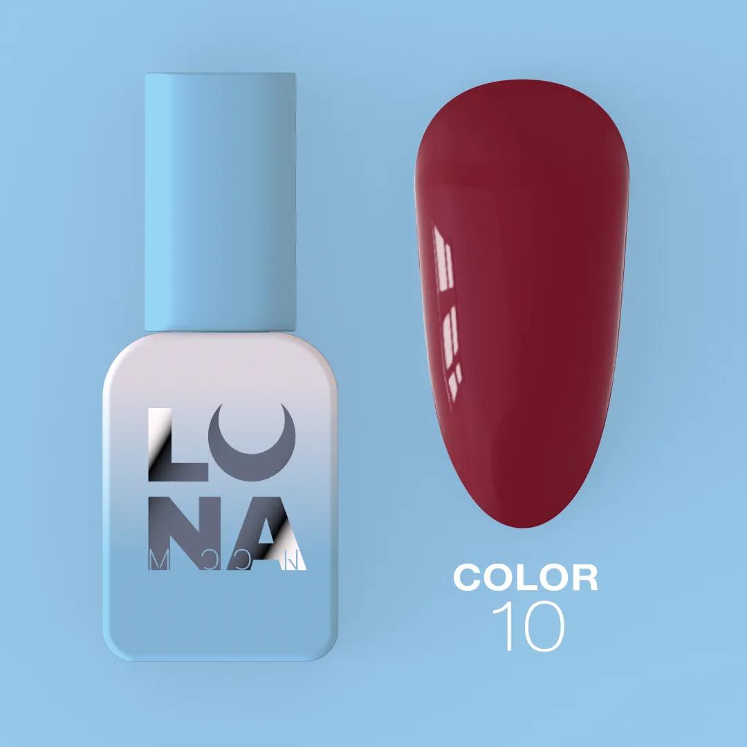 Vernis semi-permanent LUNAmoon Color Gel Polish №10 avec haute pigmentation, texture auto-égalisante et couvrance uniforme pour manucure professionnelle.