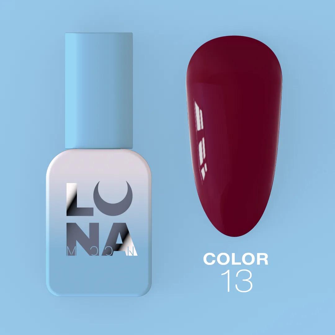 Vernis semi-permanent LUNAmoon Color Gel Polish N-13 ave haute pigmentation, texture auto-égalisante et couvrance uniforme pour manucure professionnelle.