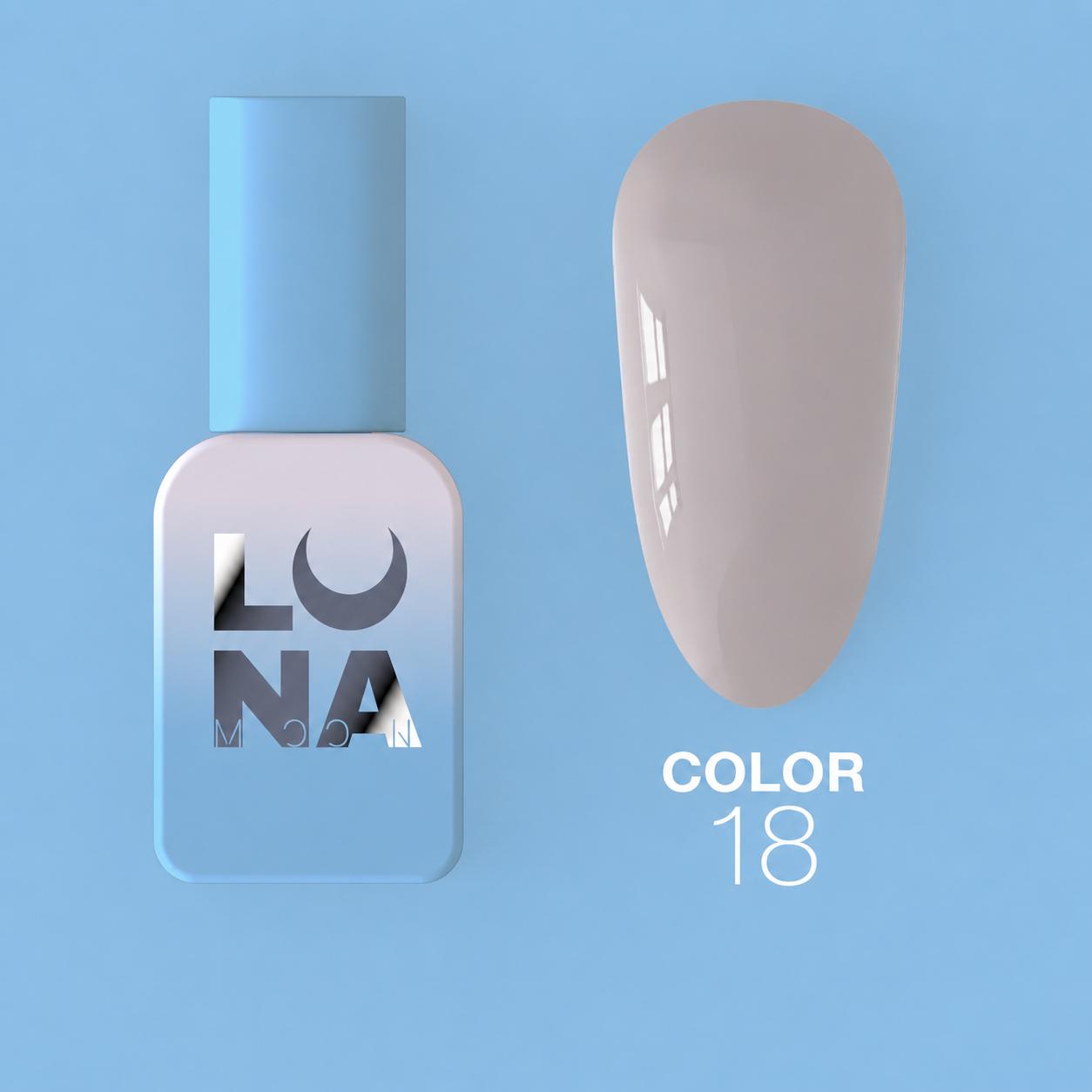 Vernis semi-permanent LUNAmoon Color Gel Polish №18 avec haute pigmentation, texture auto-égalisante et couvrance uniforme pour manucure professionnelle.