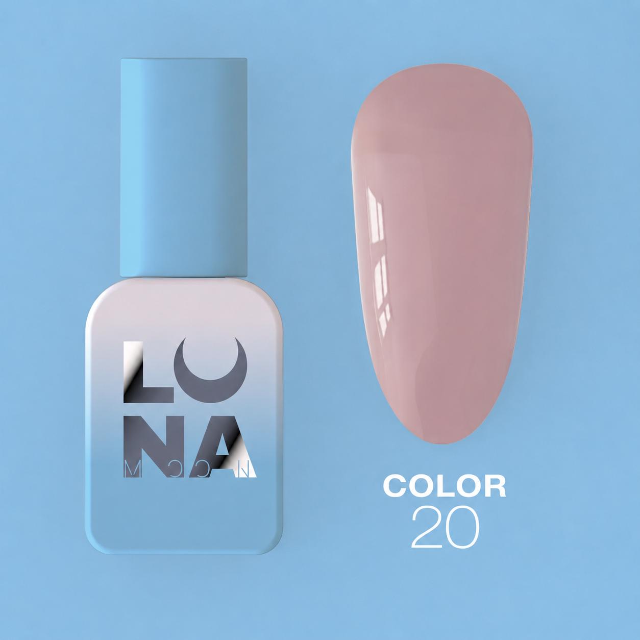 Vernis semi-permanent LUNAmoon Color Gel Polish N-20 ave haute pigmentation, texture auto-égalisante et couvrance uniforme pour manucure professionnelle.