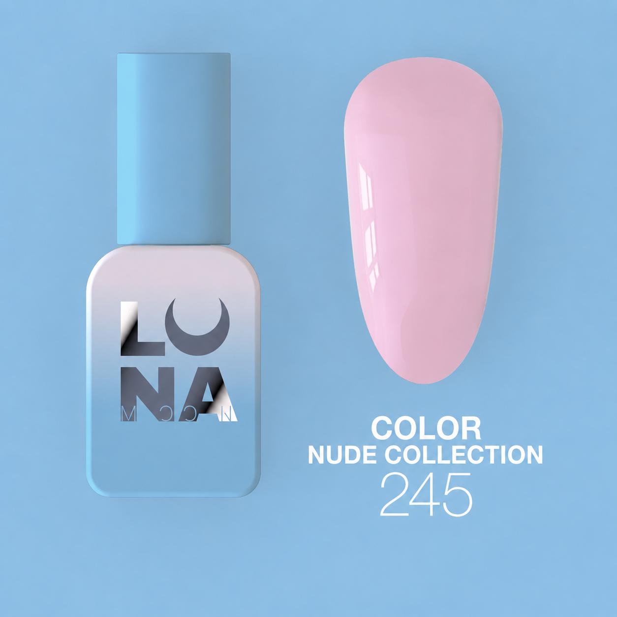 Vernis semi-permanent LUNAmoon Color Gel Polish №245 avec haute pigmentation, texture auto-égalisante et couvrance uniforme pour manucure professionnelle.