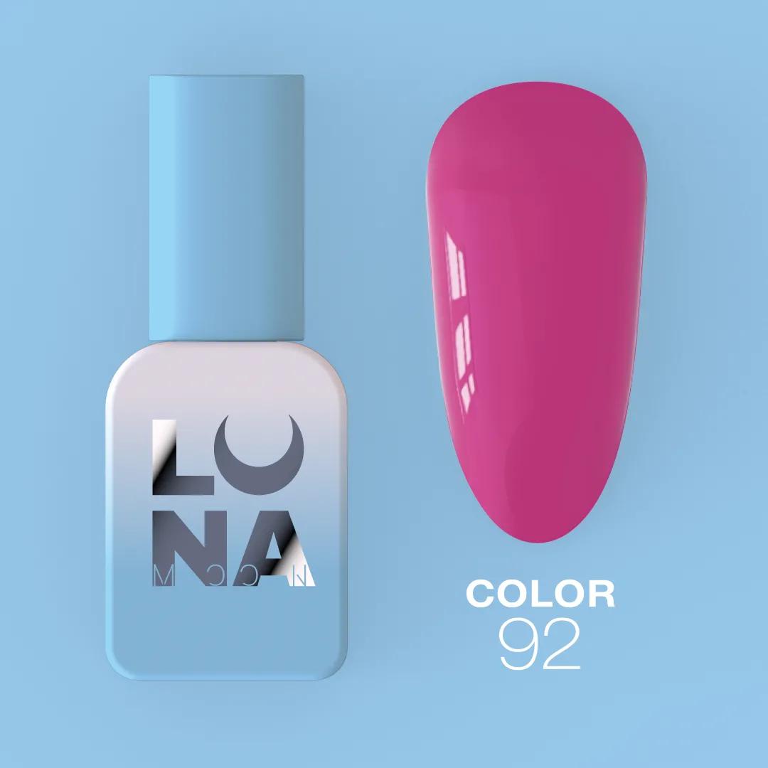 Vernis semi-permanent LUNAmoon Color Gel Polish N-92 ave haute pigmentation, texture auto-égalisante et couvrance uniforme pour manucure professionnelle.