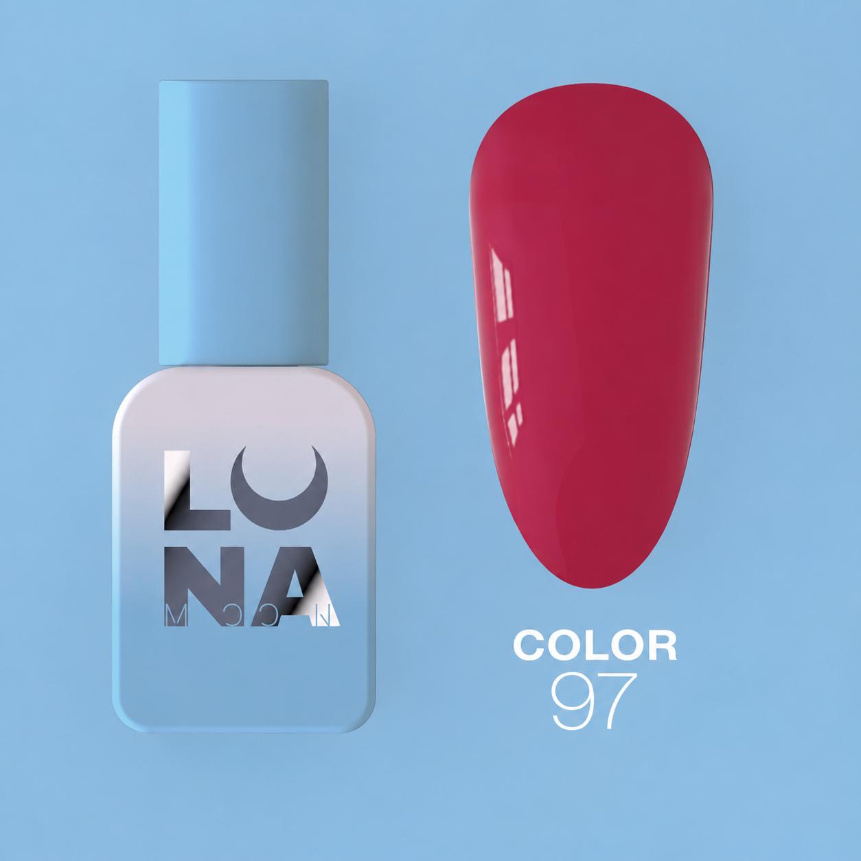 Vernis semi-permanent LUNAmoon Color Gel Polish N-97 ave haute pigmentation, texture auto-égalisante et couvrance uniforme pour manucure professionnelle.