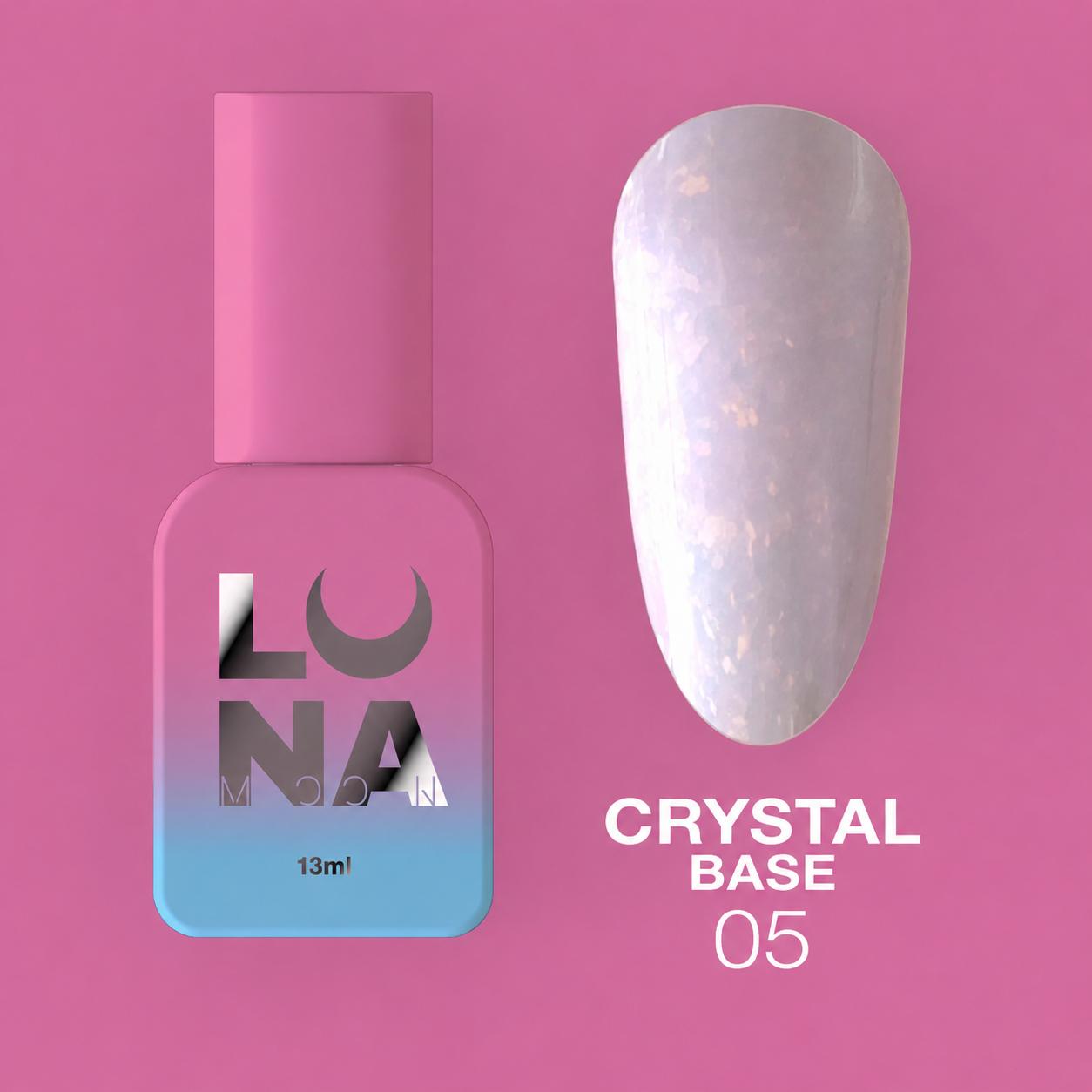 LUNAmoon Crystal Base 05 base camouflage pailletée pour recouvrement et nivellement des ongles avec effet scintillant et haute couvrance.