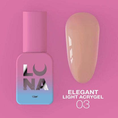 LUNAmoon Elegant Light Acrygel N°03 acrygel liquide professionnel nude pour le renforcement et le nivellement des ongles.