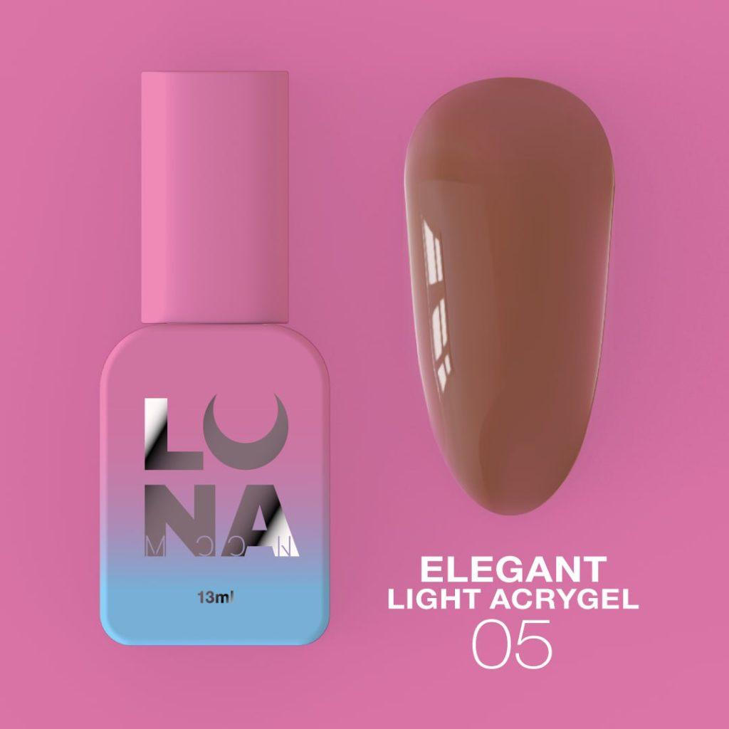 LUNAmoon Elegant Light Acrygel N°05 acrygel liquide professionnel nude pour le renforcement et le nivellement des ongles.