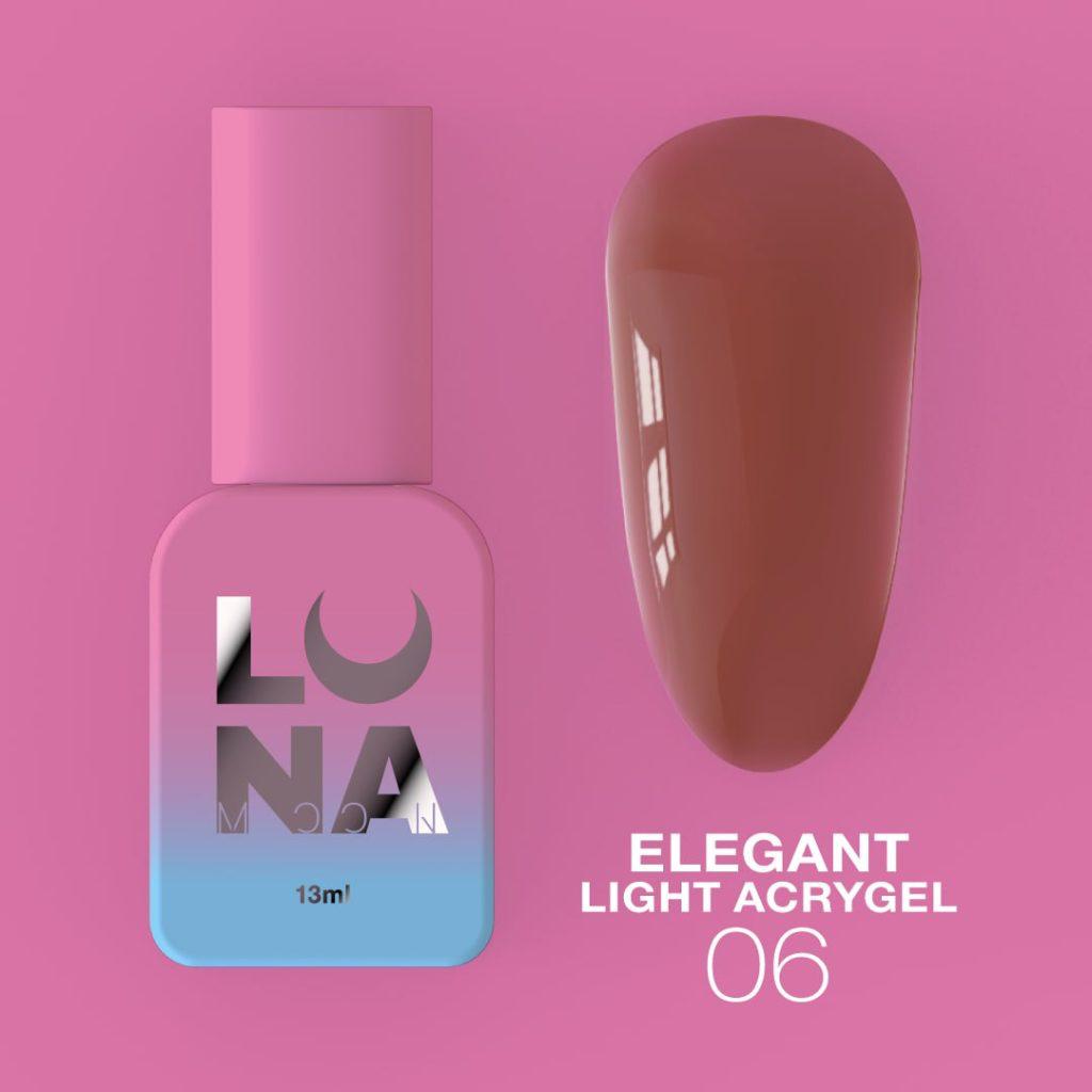 LUNAmoon Elegant Light Acrygel N°06 acrygel liquide professionnel nude pour le renforcement et le nivellement des ongles.