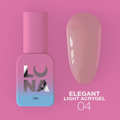 LUNAmoon Elegant Light Acrygel N°4 acrygel liquide professionnel nude pour le renforcement et le nivellement des ongles.