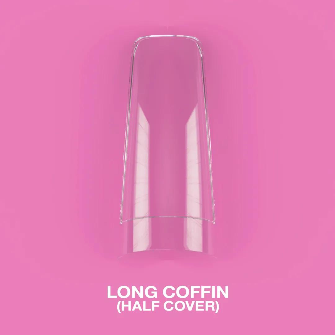 Capsules en gel LUNAmoon Coffin Long Half Cover, boîte de 500 pièces pour extension professionnelle des ongles avec correction possible jusqu’à deux fois.