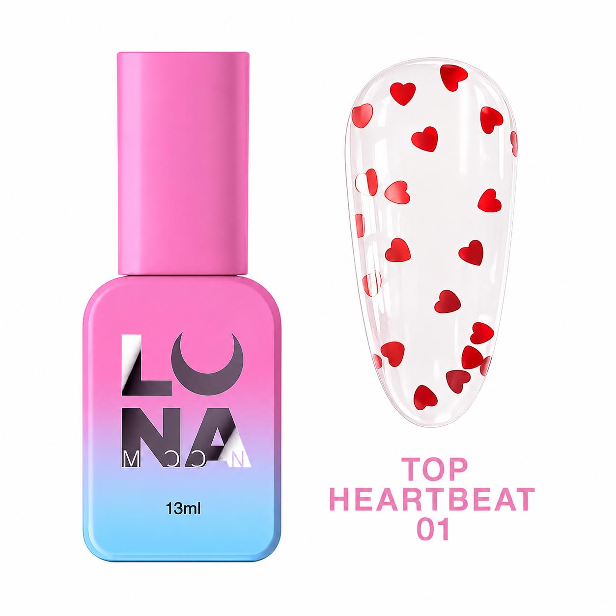 LUNAmoon Heartbeat Top 01 top coat transparent avec cœurs rouges décoratifs, finition brillante miroir sans couche collante pour manucure professionnelle.