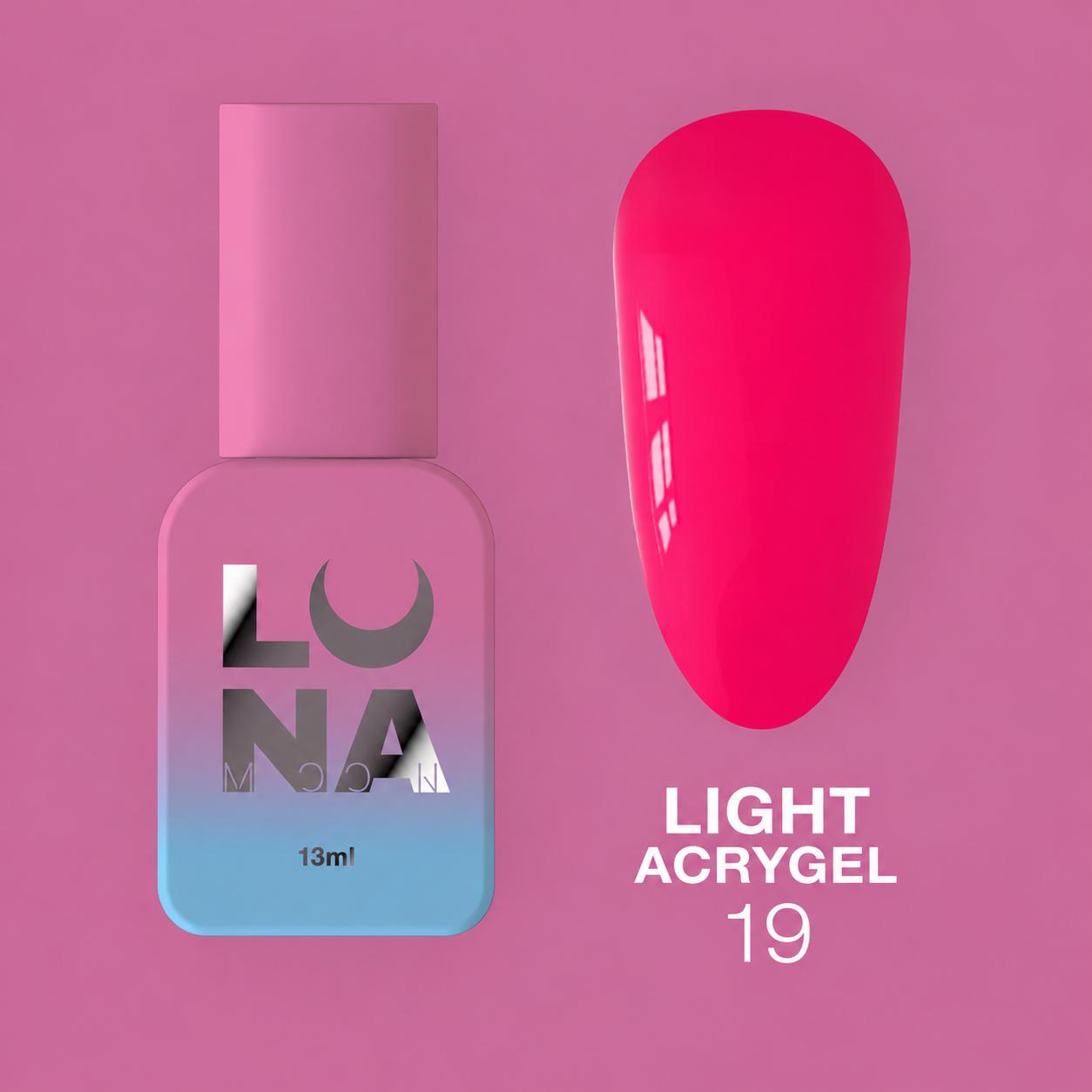LUNAmoon Light Acrygel Nº19 acrygel liquide pour le renforcement, le nivellement et l’extension courte des ongles avec finition naturelle et durable.