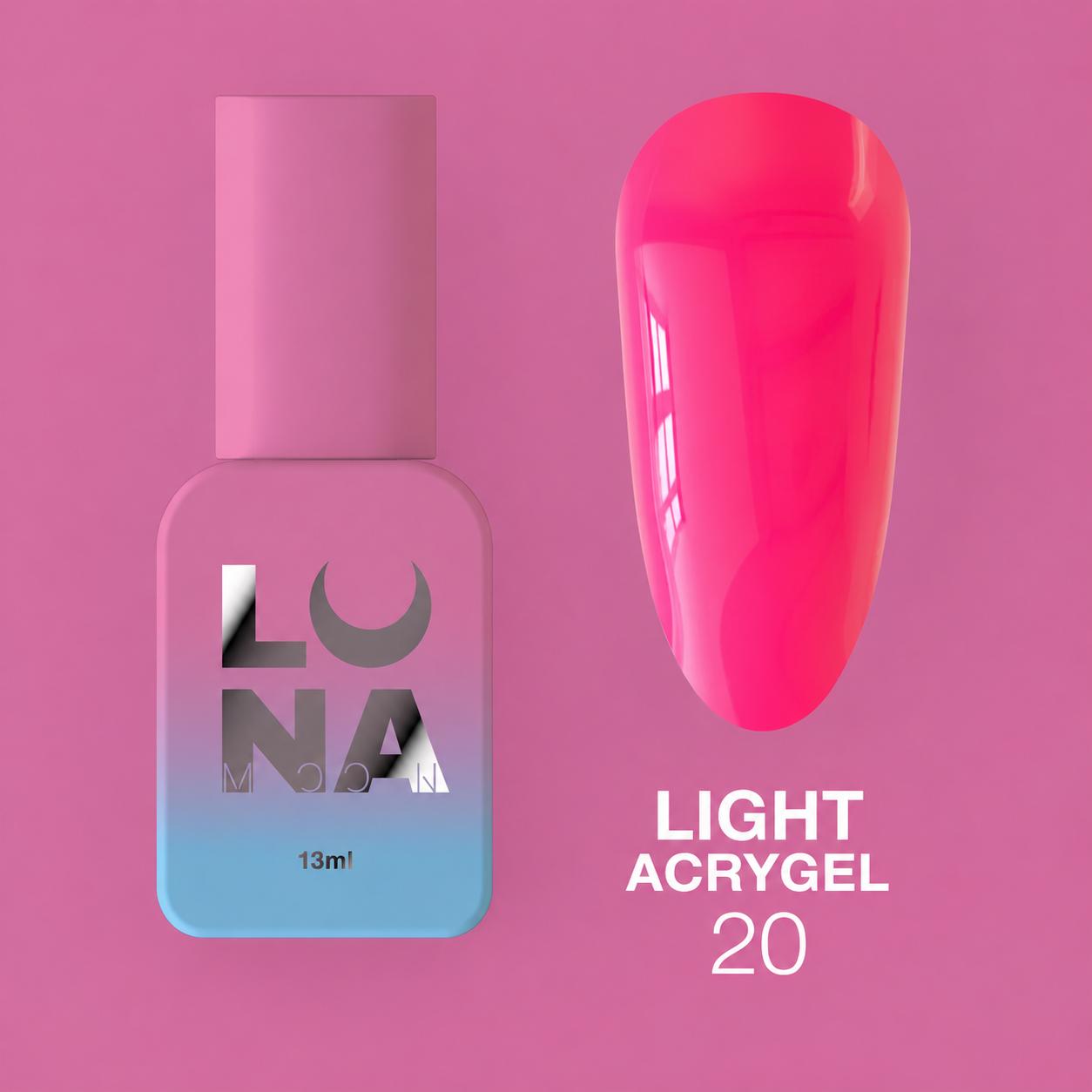 LUNAmoon Light Acrygel Nº20 acrygel liquide pour le renforcement, le nivellement et l’extension courte des ongles avec finition naturelle et durable.