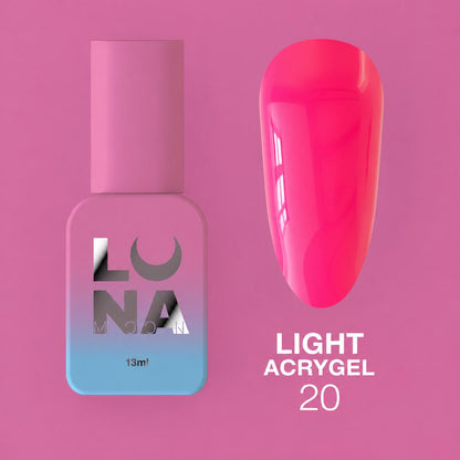 LUNAmoon Light Acrygel Nº20 acrygel liquide pour le renforcement, le nivellement et l’extension courte des ongles avec finition naturelle et durable.