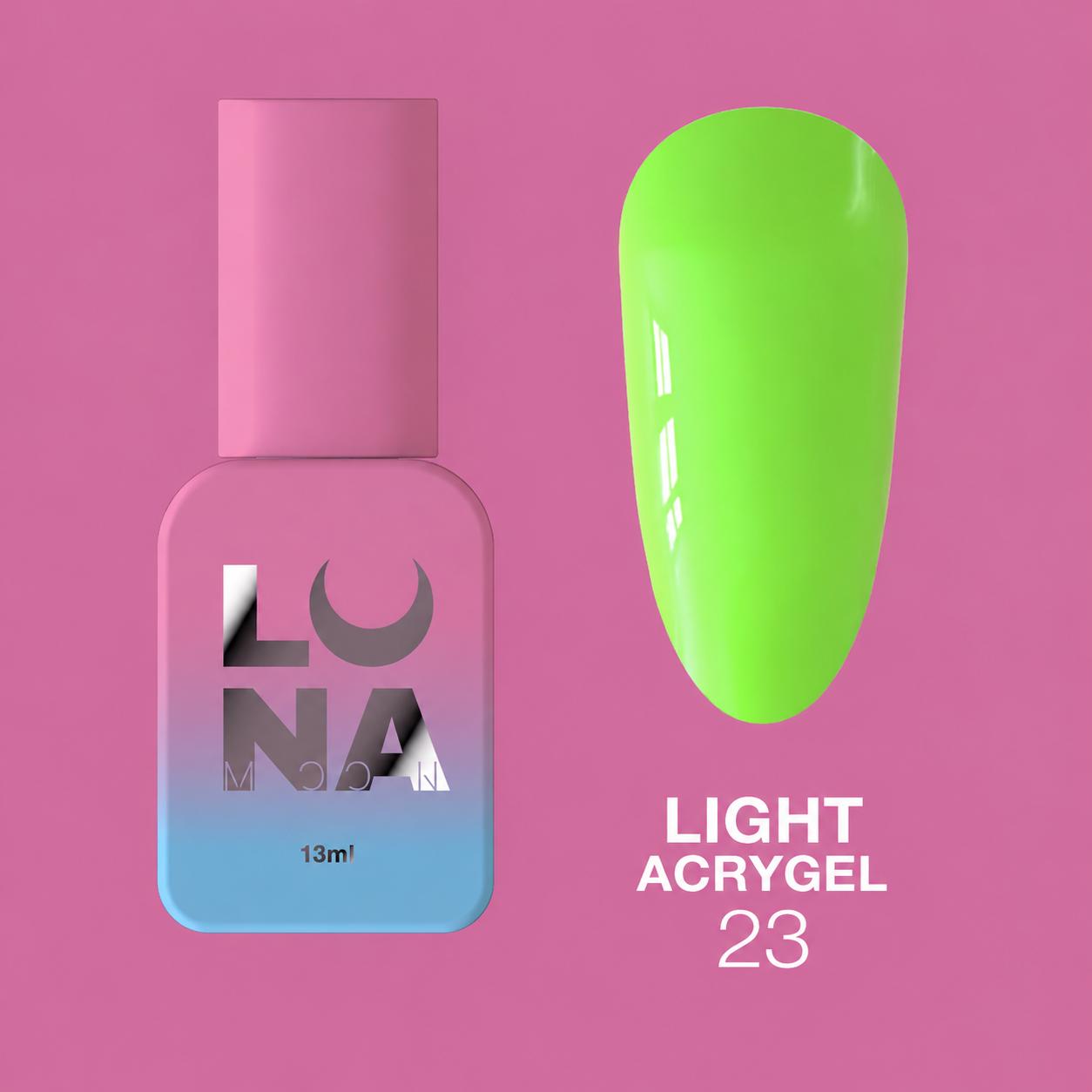 LUNAmoon Light Acrygel Nº23 acrygel liquide pour le renforcement, le nivellement et l’extension courte des ongles avec finition naturelle et durable.
