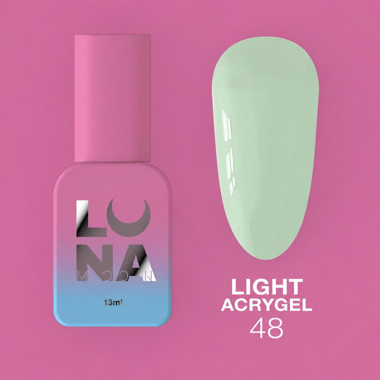 LUNAmoon Light Acrygel Nº48 acrygel liquide pour le renforcement, le nivellement et l’extension courte des ongles avec finition naturelle et durable.