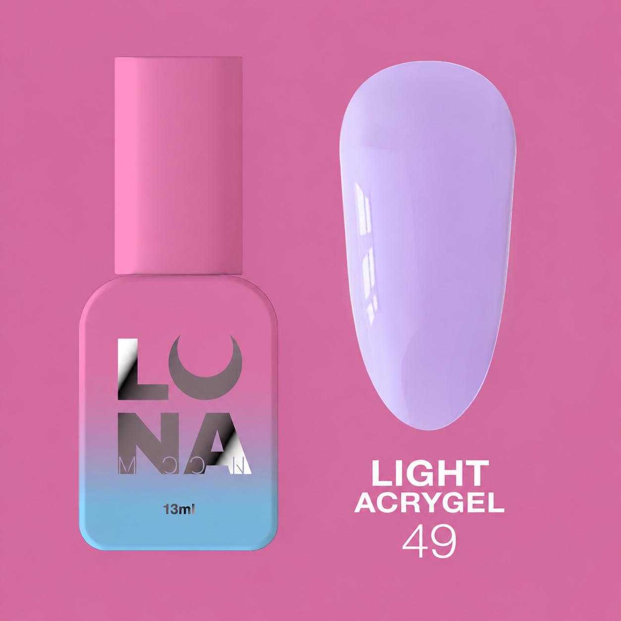 LUNAmoon Light Acrygel Nº49 acrygel liquide pour le renforcement, le nivellement et l’extension courte des ongles avec finition naturelle et durable.