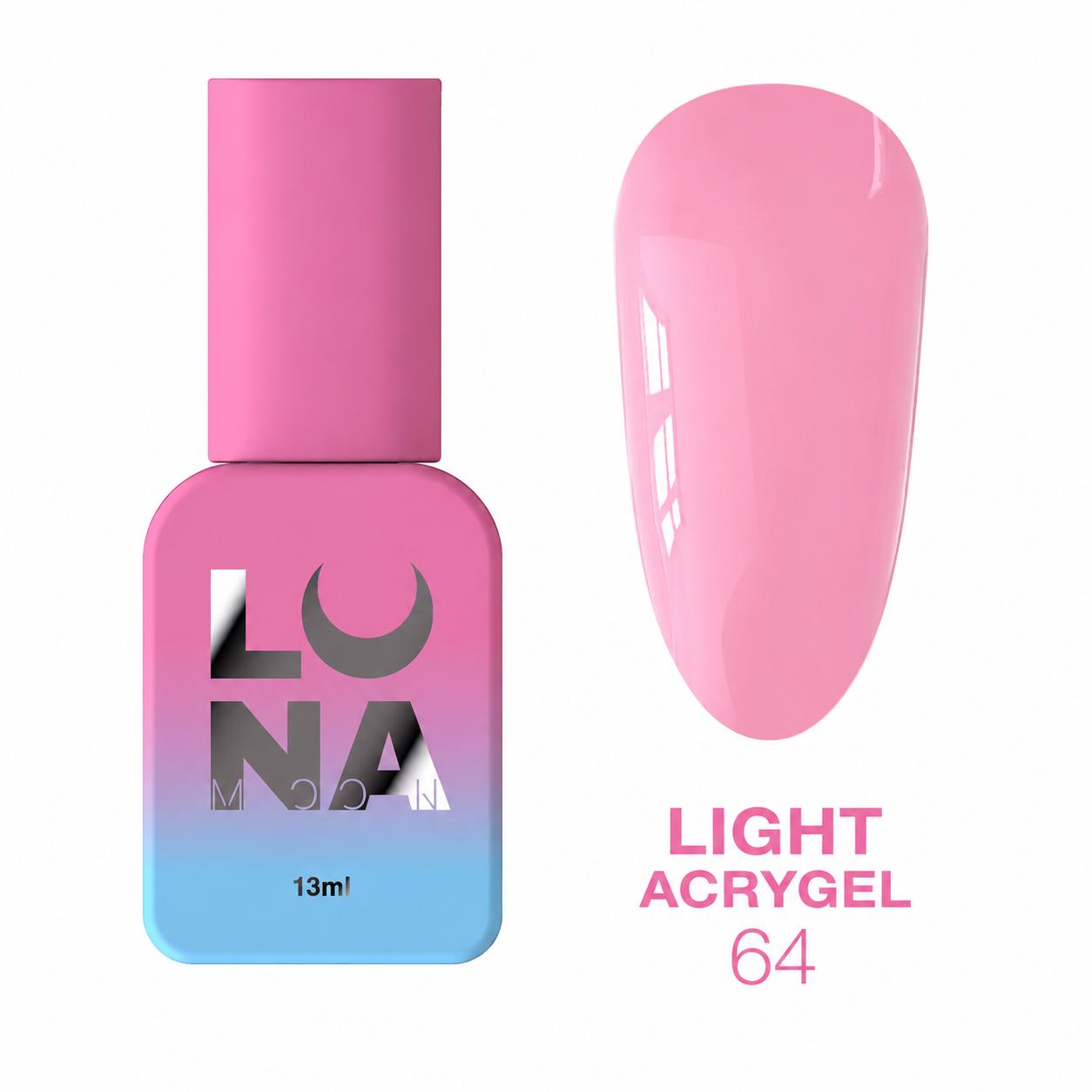 LUNAmoon Light Acrygel 64 gel liquide hybride pour renforcement, nivellement et extension des ongles, sans TPO, haute résistance et flexibilité.
