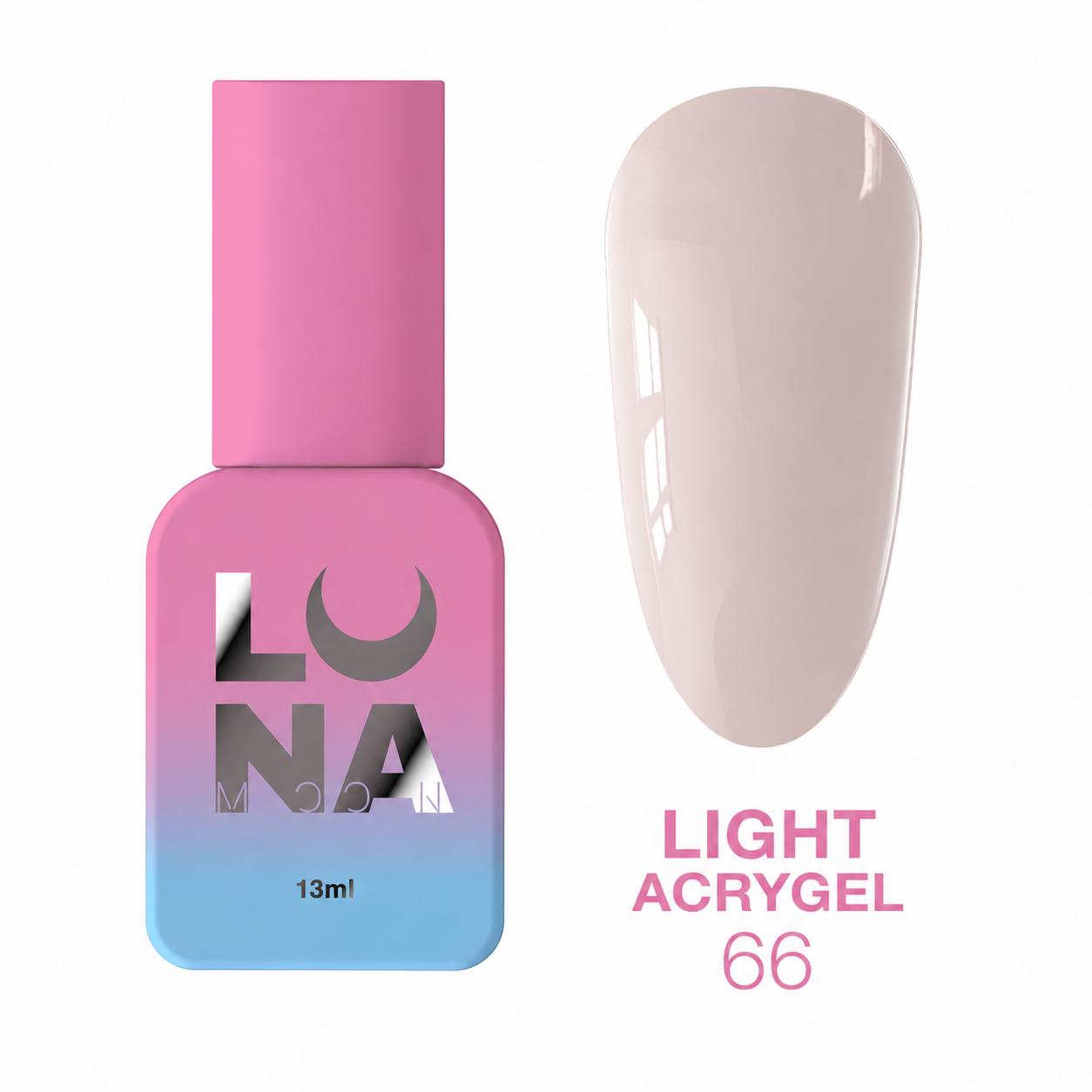 LUNAmoon Light Acrygel 66 gel liquide hybride pour renforcement, nivellement et extension des ongles, sans TPO, haute résistance et flexibilité.