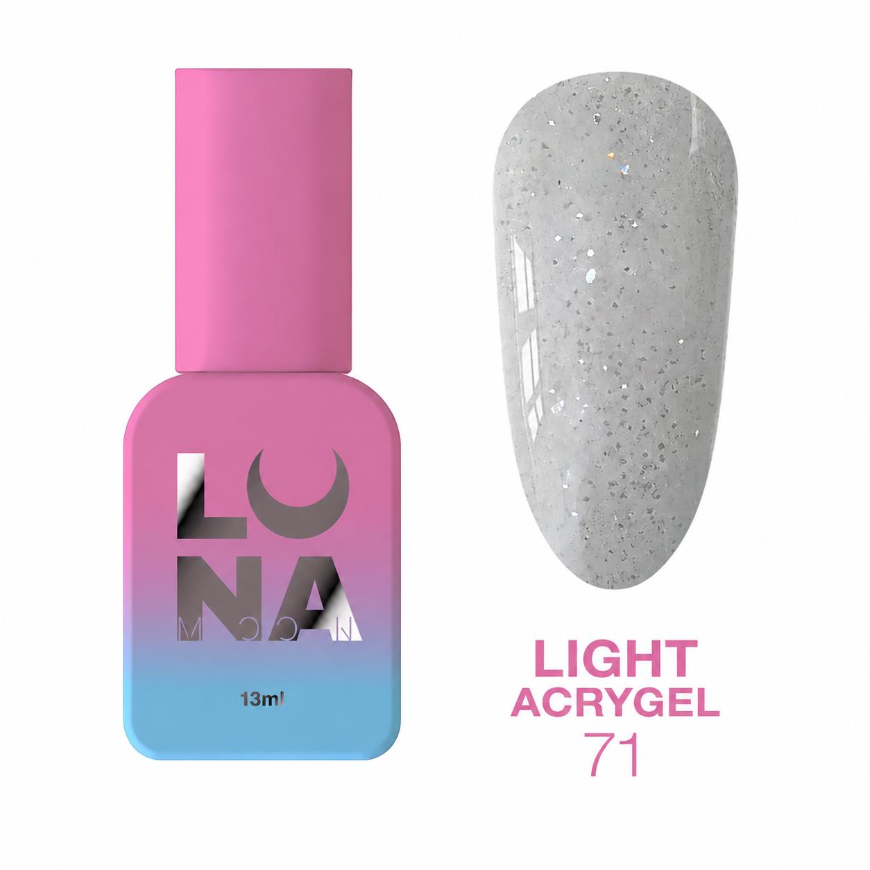 LUNAmoon Light Acrygel 71 gel liquide hybride pour renforcement, nivellement et extension des ongles, sans TPO, haute résistance et flexibilité.