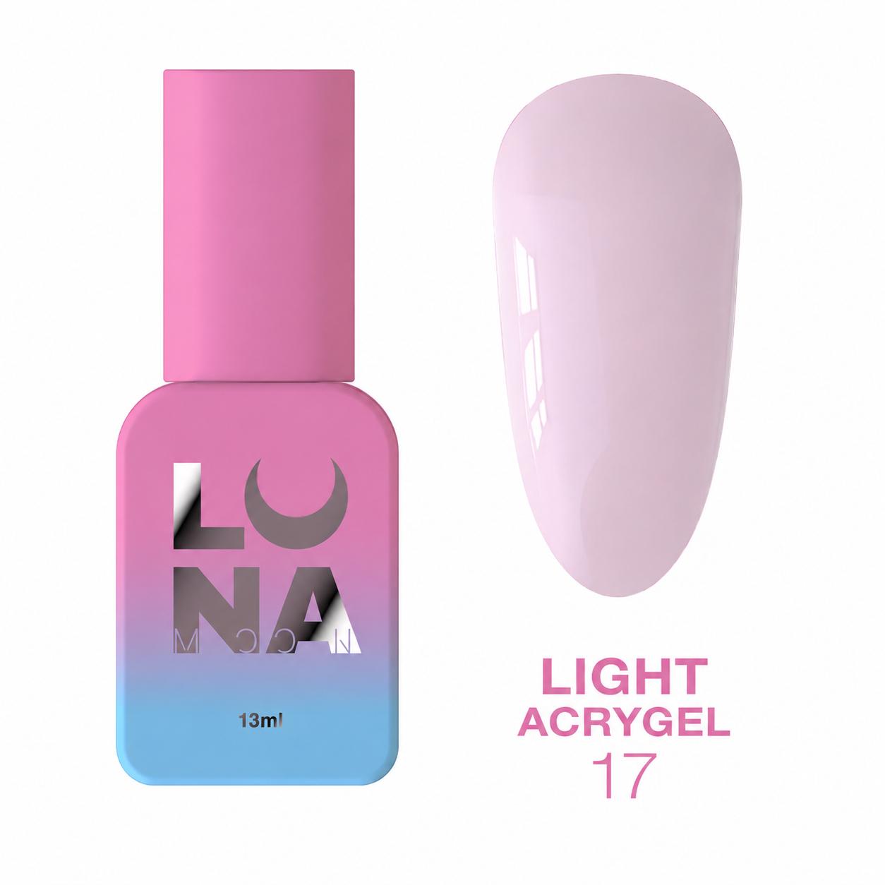 LUNAmoon Light Acrygel gel 17 liquide hybride pour renforcement, nivellement et extension des ongles, sans TPO, haute résistance et flexibilité.