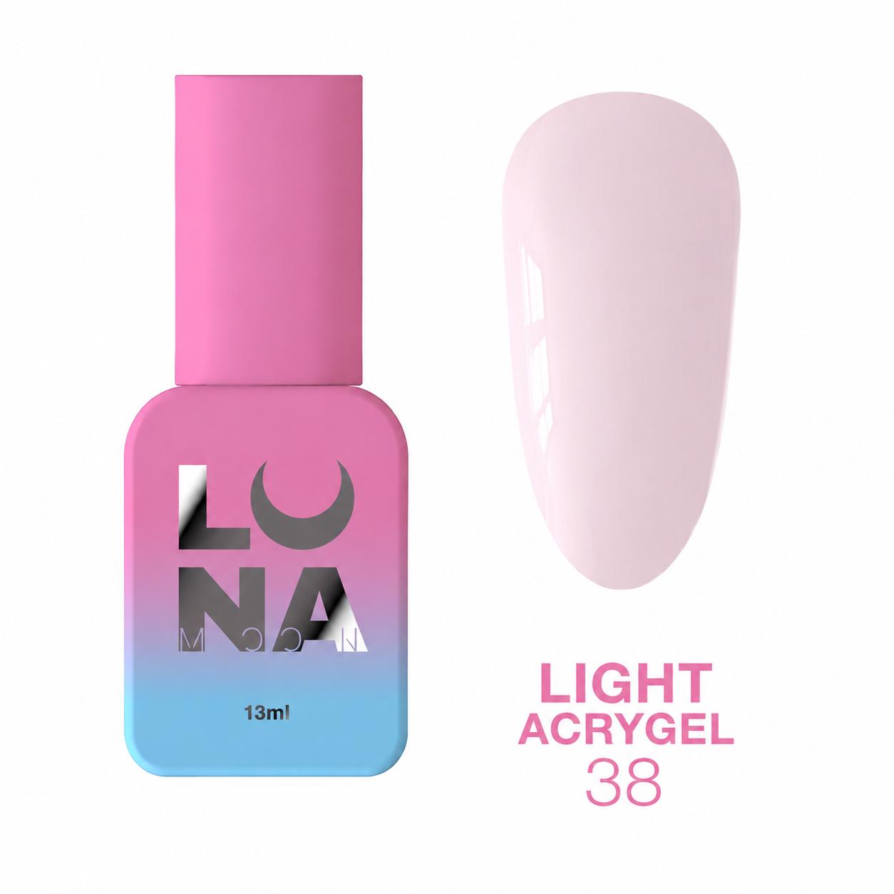 LUNAmoon Light Acrygel 38 gel liquide hybride pour renforcement, nivellement et extension des ongles, sans TPO, haute résistance et flexibilité.