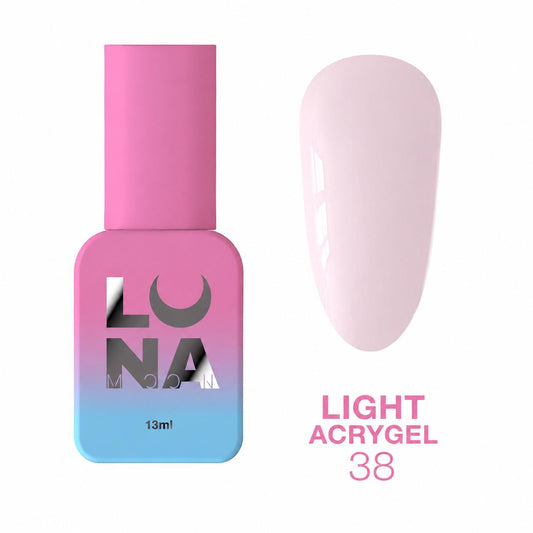 LUNAmoon Light Acrygel 38 gel liquide hybride pour renforcement, nivellement et extension des ongles, sans TPO, haute résistance et flexibilité.