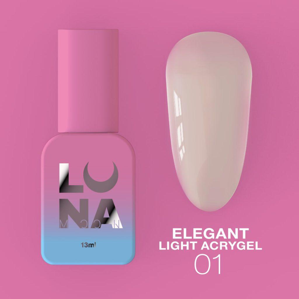 LUNAmoon Elegant Light Acrygel N°1 acrygel liquide professionnel nude pour le renforcement et le nivellement des ongles.