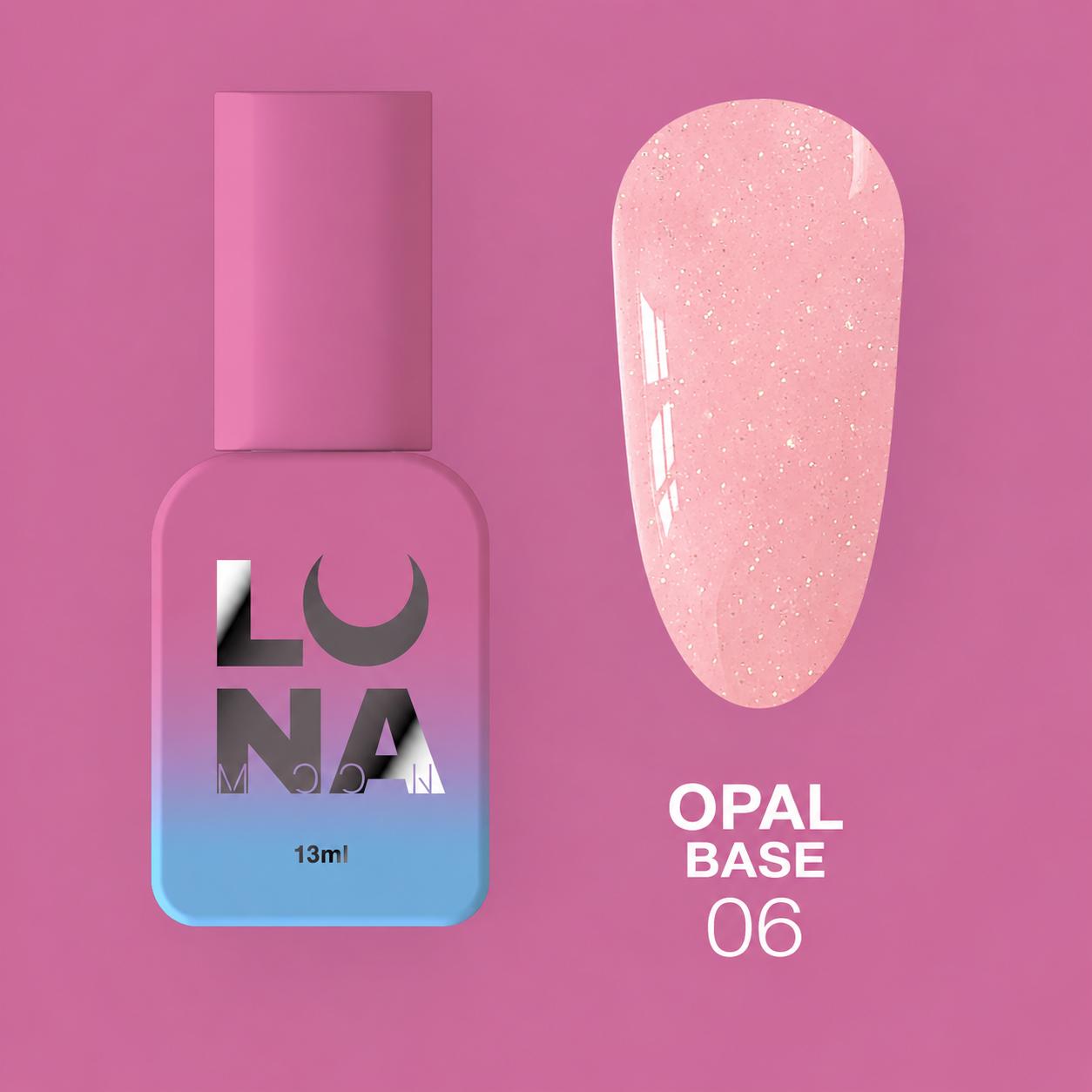 LUNAmoon Opal Base №06 base camouflage effet opale pour nivellement et recouvrement des ongles avec haute pigmentation et finition lumineuse.
